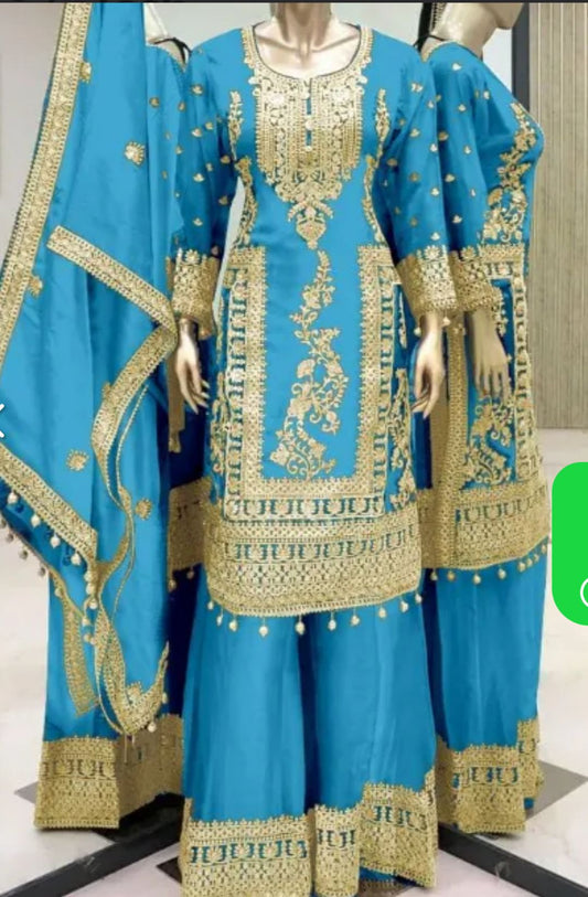 Sky Color Designer Palazzo Suit in Chinon With Sequence Embroidery Work in Berlin