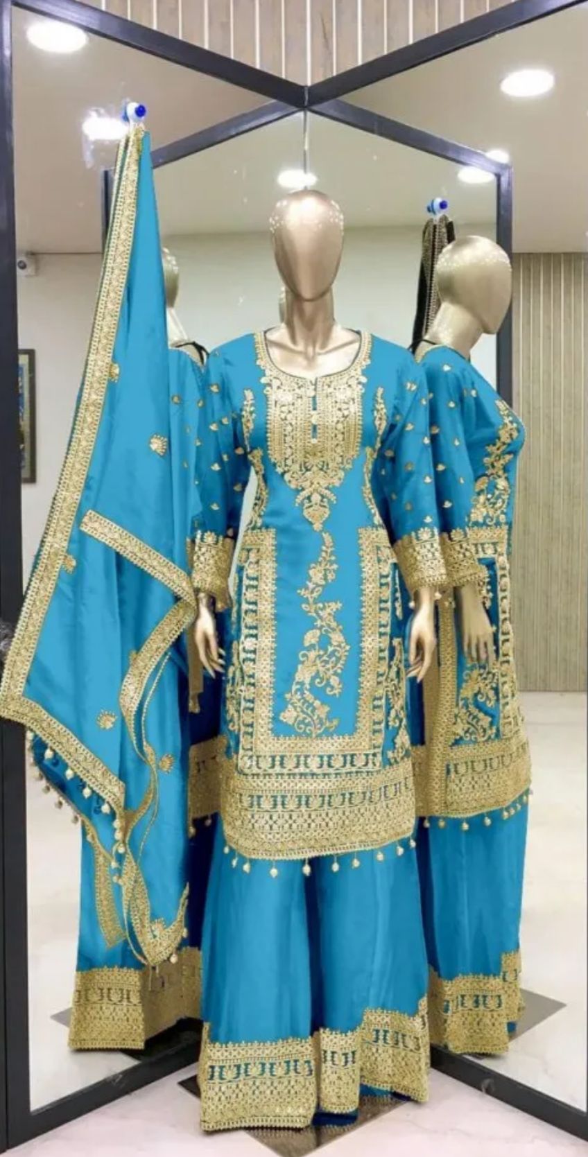 Sky Color Designer Palazzo Suit in Chinon With Sequence Embroidery Work in Berlin