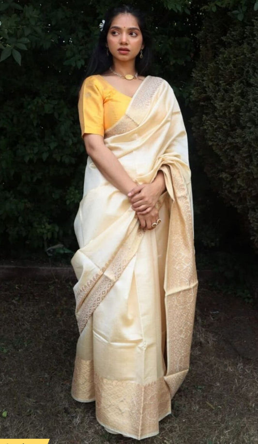Ivory Dupion Silk Saree in Germany