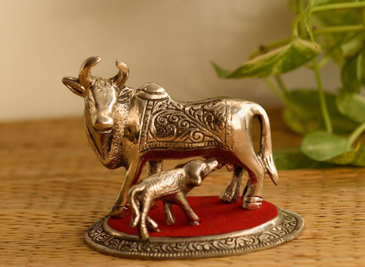 White Metal Cow and Calf - Neha Couture Indian Fashion