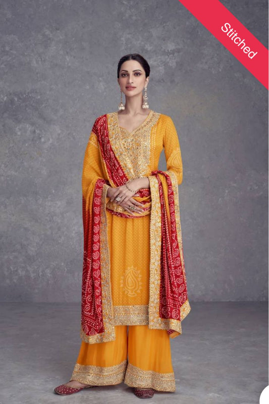 Mustard Mirror Embroidered Chinon Kurta Set in Germany