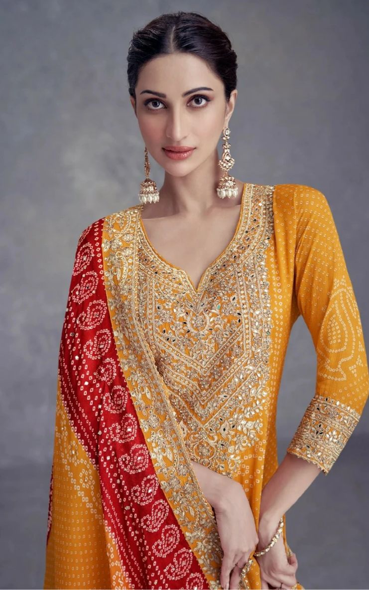 Mustard Mirror Embroidered Chinon Kurta Set in Germany