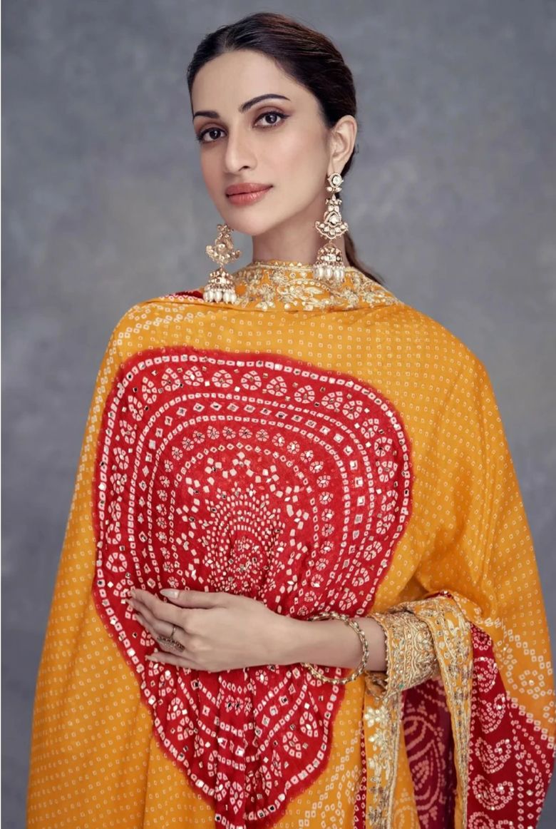 Mustard Mirror Embroidered Chinon Kurta Set in Germany
