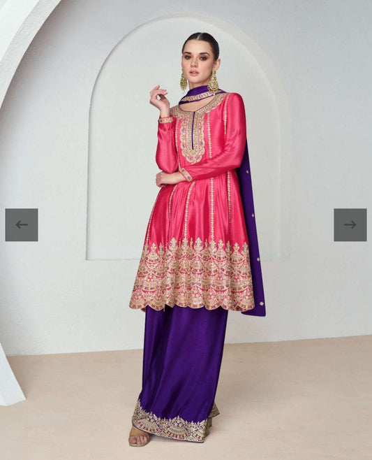 Pink and Purple Chinnon Silk Palazzo Suit with Embroidered Dupatta in Germany