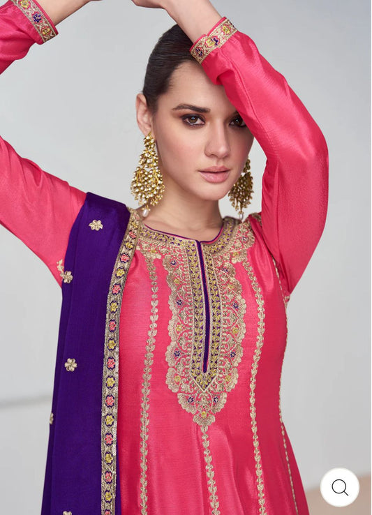 Pink and Purple Chinnon Silk Palazzo Suit with Embroidered Dupatta embroidery and fabric detail - Neha Couture Indian Fashion