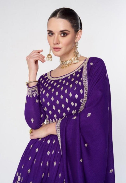 Purple Premium Silk Embroiderd Work Sharara Suit With Dupatta embroidery and fabric detail - Neha Couture Indian Fashion