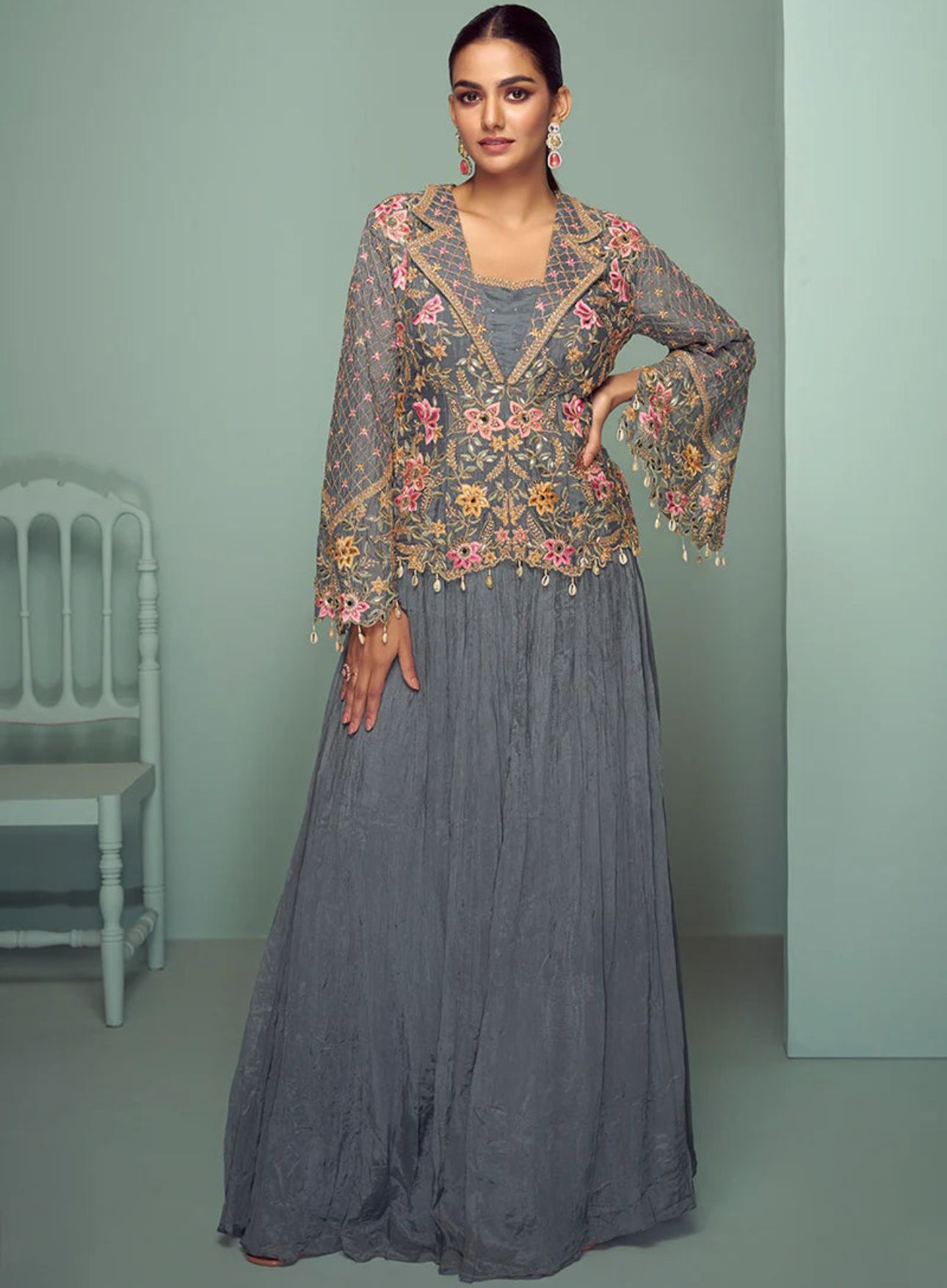 Embroidered Chinon Silk Sharara Suit in Grey in Germany