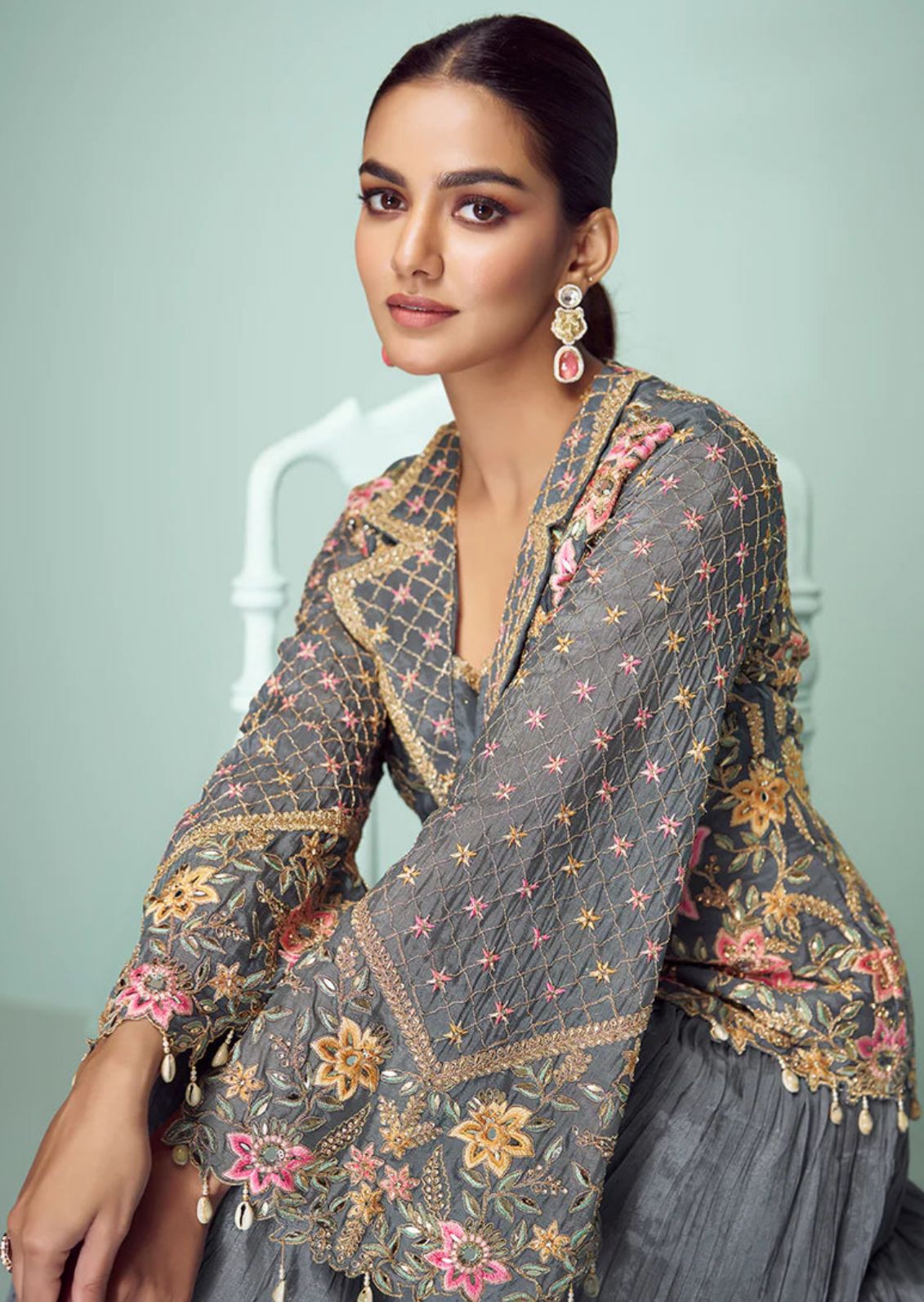 Embroidered Chinon Silk Sharara Suit in Grey in Germany