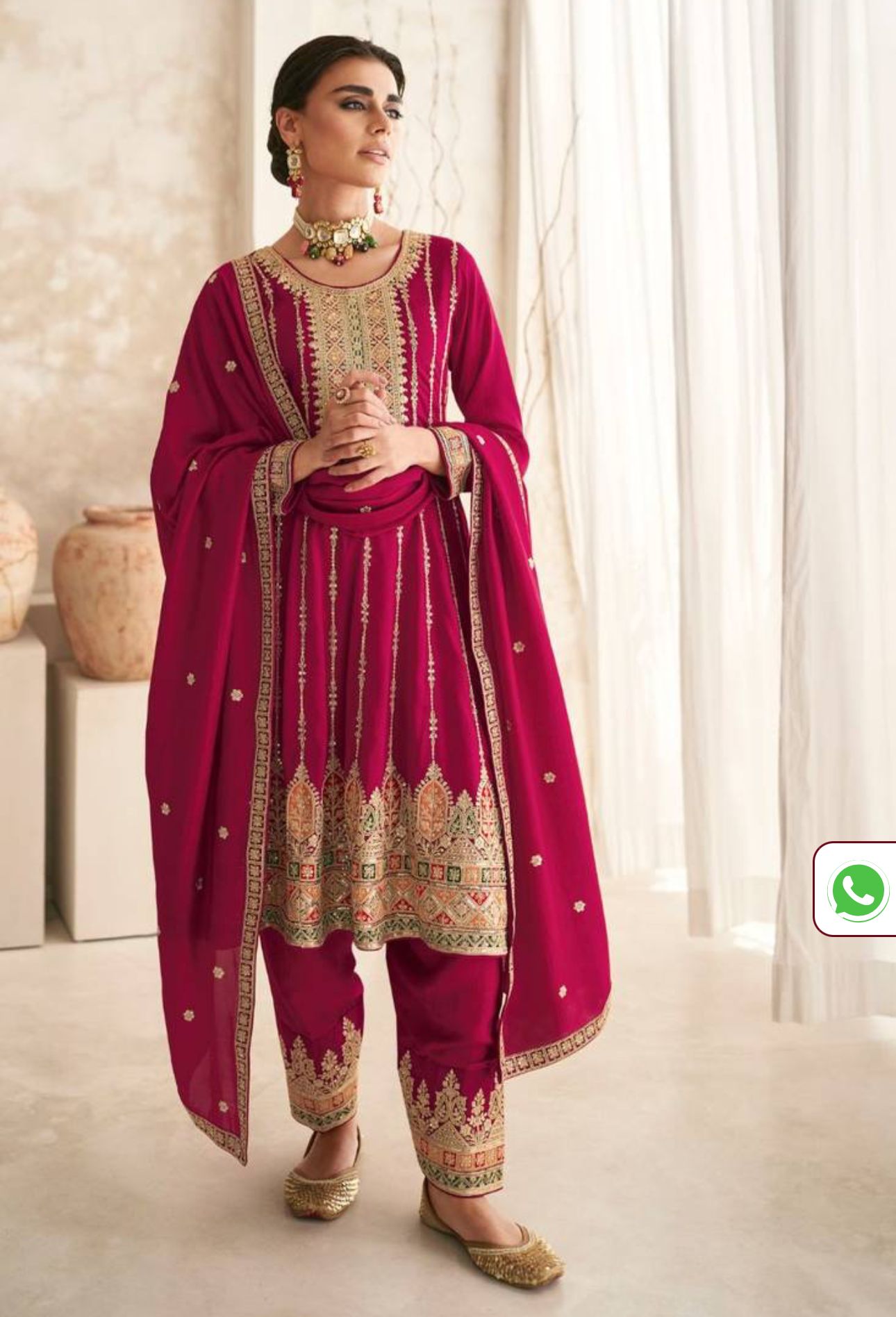 Rani Pink Thread Sequin Embroidered Silk Kurta Set in Munich