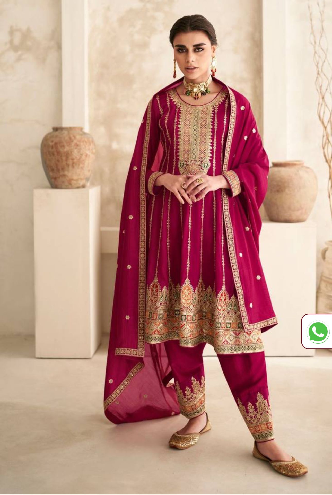 Rani Pink Thread Sequin Embroidered Silk Kurta Set in Munich