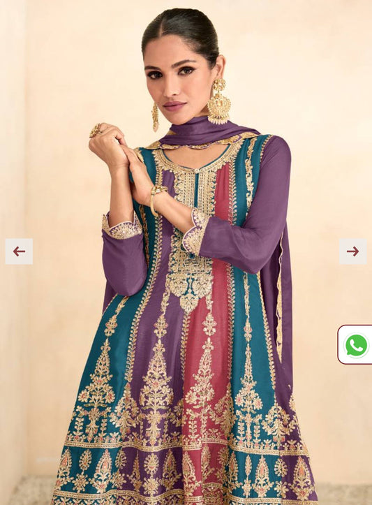 Purple Chinon Embroidered Anarkali Suit Party Wear embroidery and fabric detail - Neha Couture Indian Fashion