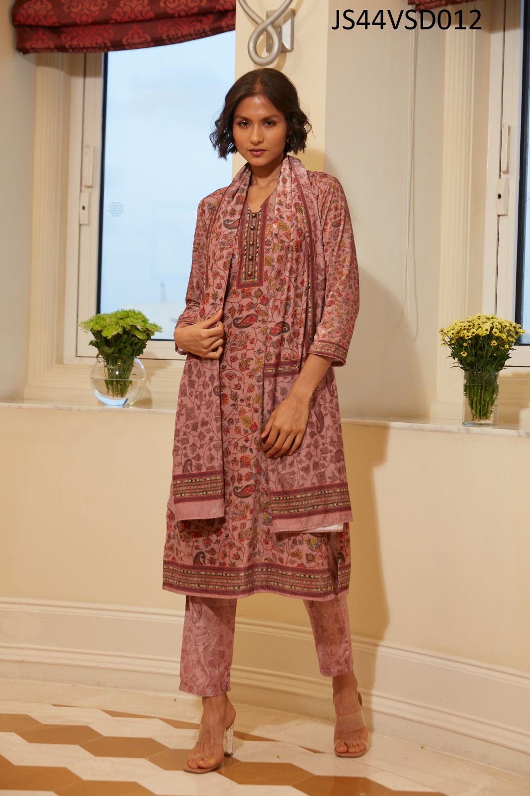 Printed Velvet Straight Kurta With Dupatta in Berlin