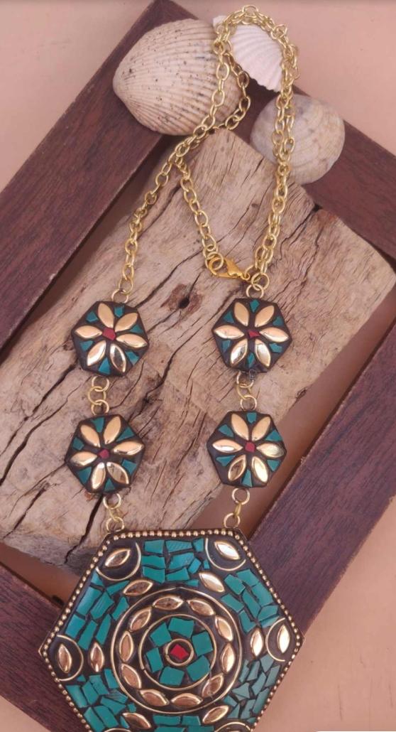 Afgani Boho Style Green Golden Long Chain Necklace for Women in Germany