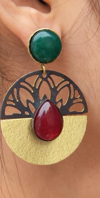 Gold Plated Dual Color Stone Studded Round Shaped Drop Earrings in Berlin
