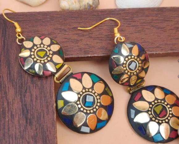 Handcrafted Handmade Antique Multicolor Round Shaped Double Layer Laq Earrings in Berlin