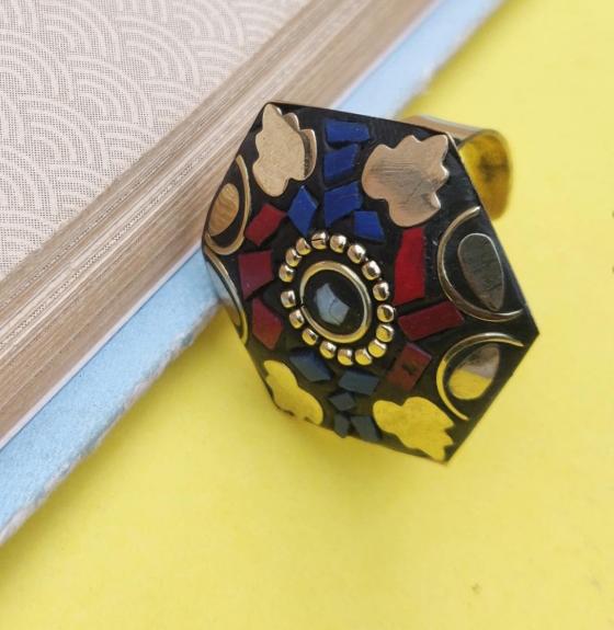 Traditional Ethnic Tibetan Cultural Lac Embellished Size Adjustable Brass Ring in Germany