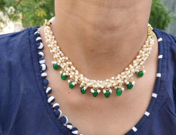 Elegant Trending Beautiful Green and White Pearls Choker Necklace in Munich
