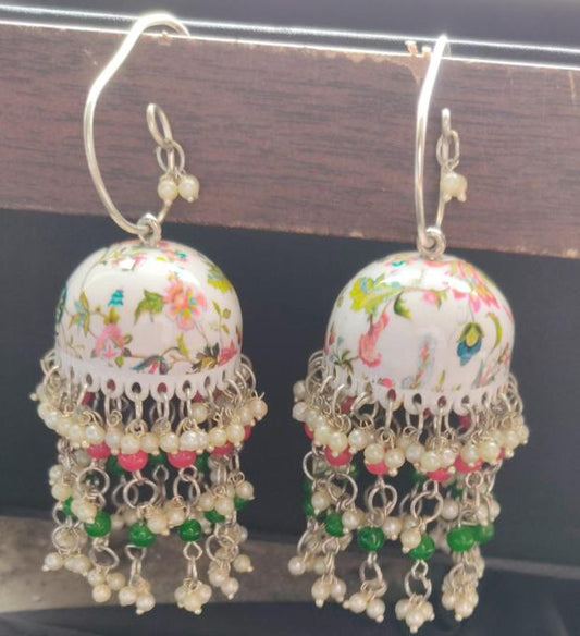 Designer Handpainted Meenakari Work Pearl Tessel Jhumka Hook Earrings in Berlin