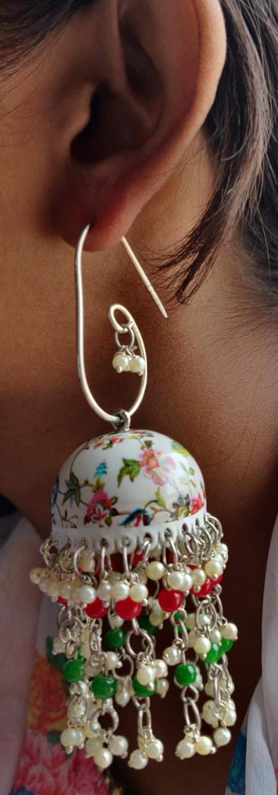Designer Handpainted Meenakari Work Pearl Tessel Jhumka Hook Earrings in Berlin