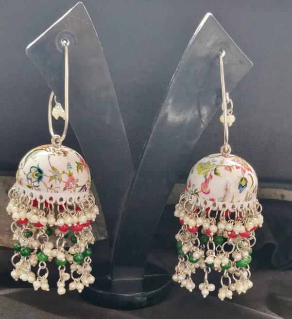 Designer Handpainted Meenakari Work Pearl Tessel Jhumka Hook Earrings in Berlin