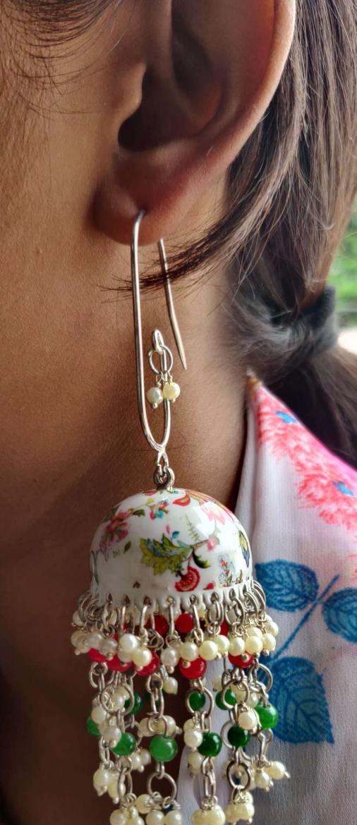Designer Handpainted Meenakari Work Pearl Tessel Jhumka Hook Earrings in Germany