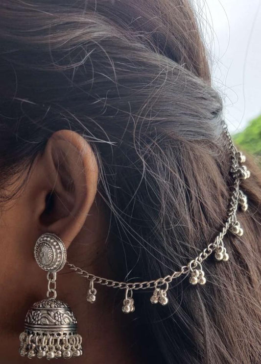 Silver Oxidized Stud Jhumka Earrings with Ghungroo Earchain for Women and Girls in Germany