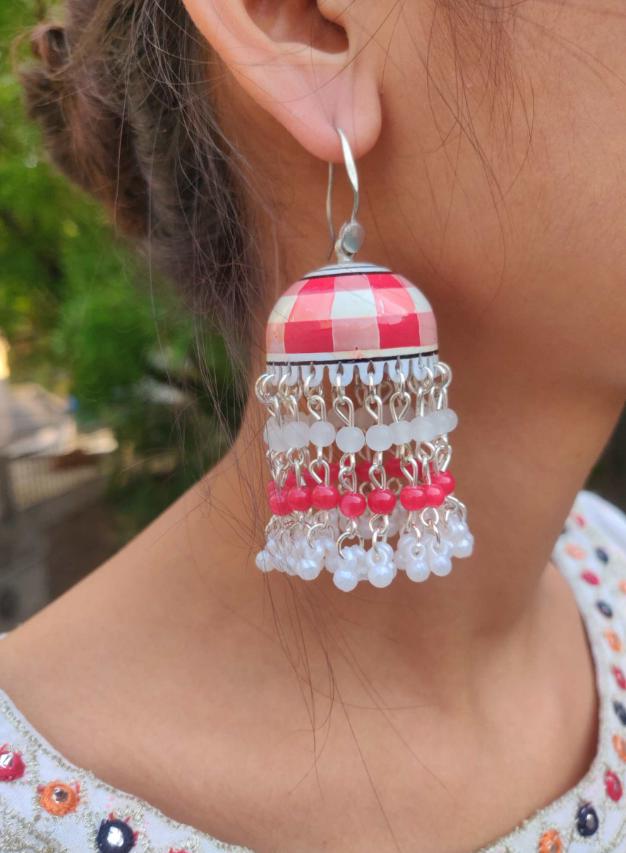 Handmade Handpainted Cheque Meenakari Work Brass Jhumki in Berlin