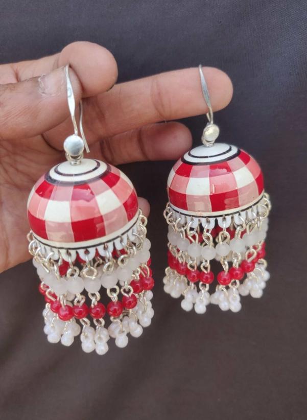 Handmade Handpainted Cheque Meenakari Work Brass Jhumki in Berlin