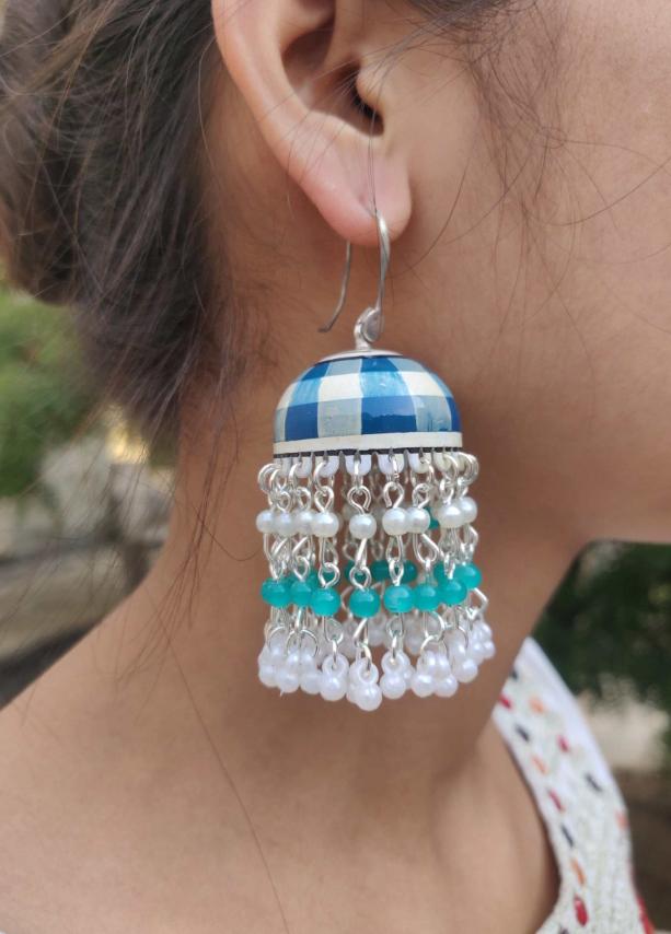 Handmade Handpainted Cheque Meenakari Work Jhumka in Germany