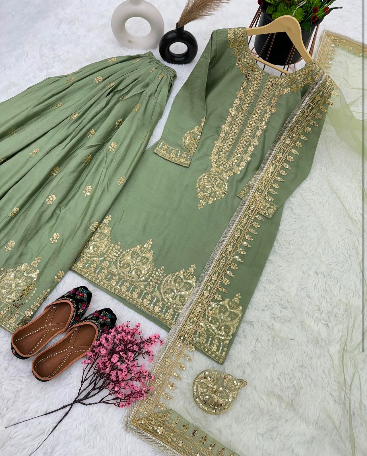 Embroidered Chinon Silk Top Bottom Dupatta Sharara Set, Pista Green in Germany