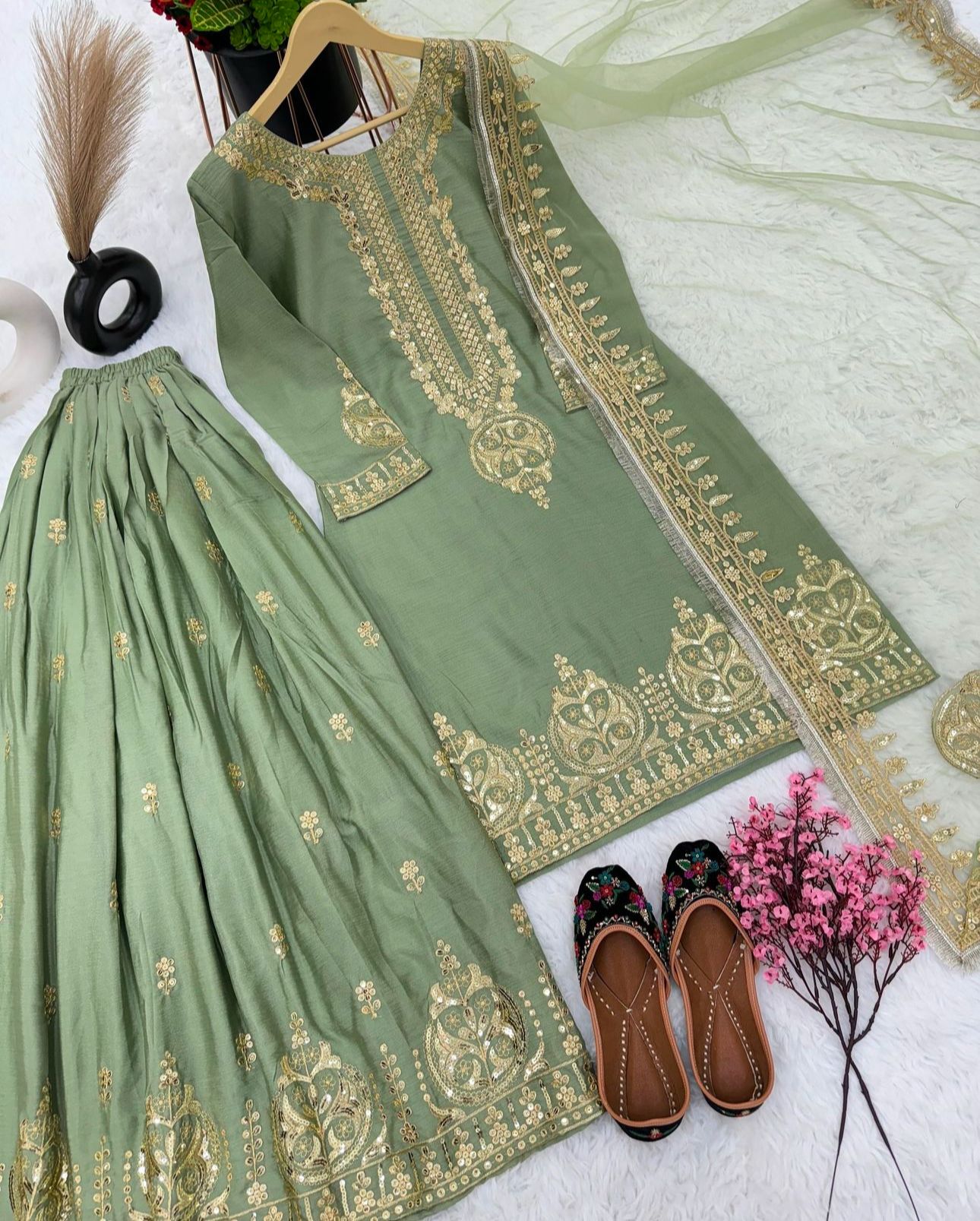 Embroidered Chinon Silk Top Bottom Dupatta Sharara Set, Pista Green in Germany