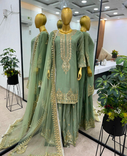 Embroidered Chinon Silk Top Bottom Dupatta Sharara Set, Pista Green in Germany