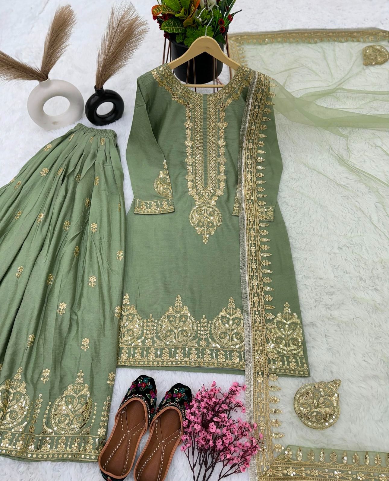 Embroidered Chinon Silk Top Bottom Dupatta Sharara Set, Pista Green in Germany