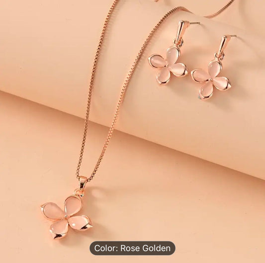 Pink Four Leaf Clover Opal Pendant Necklace & Earrings Jewelry Set in Germany
