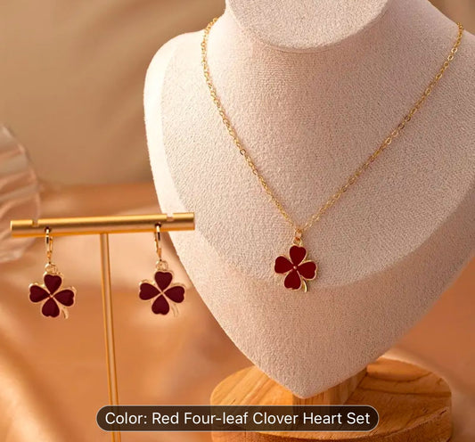 Red Four Leaf Clover Opal Pendant Necklace &amp; Earrings Jewelry Set in Berlin