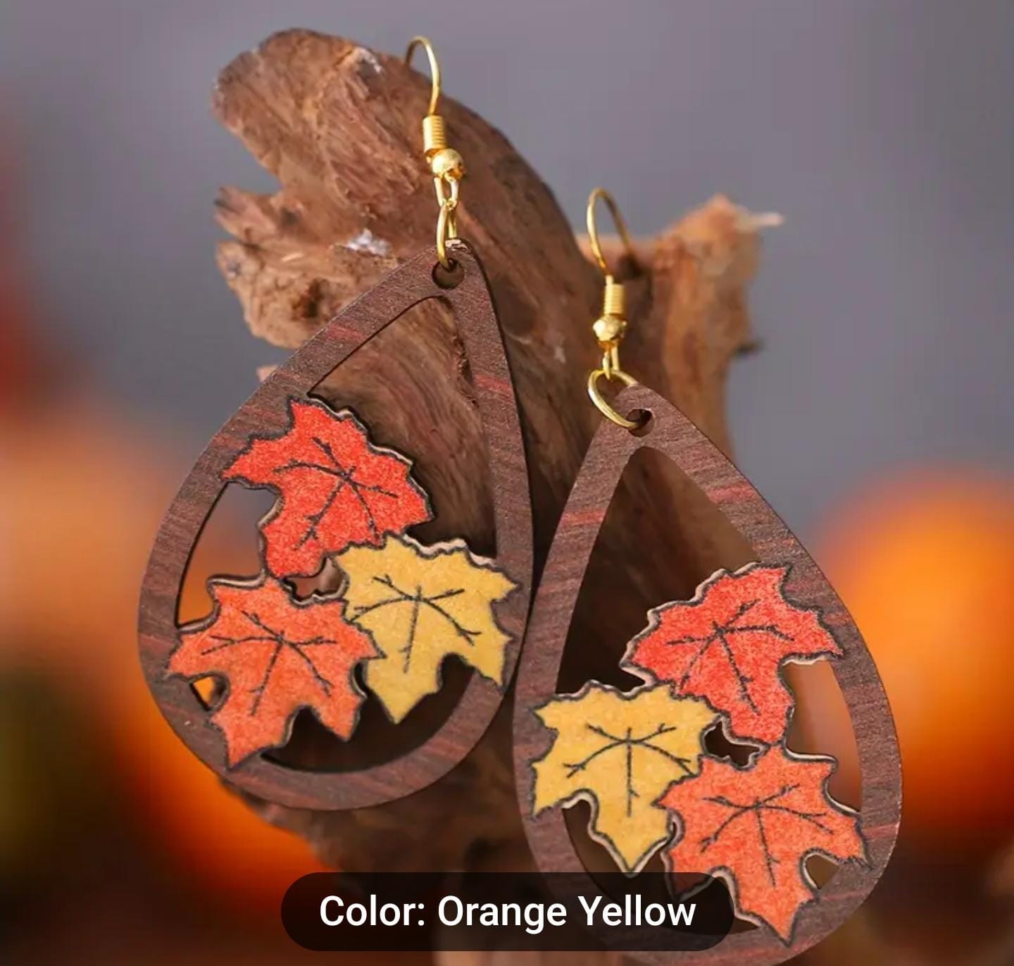 Wooden Pumpkin Maple Leaf Dangle Drop Earrings in Berlin