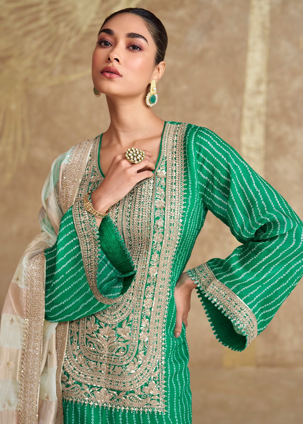 Green Chinon Silk Embellished Sequins Suit Set in Germany