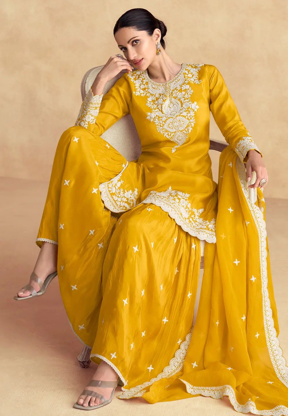 Yellow Floral Embroidered Sharara Set in Berlin