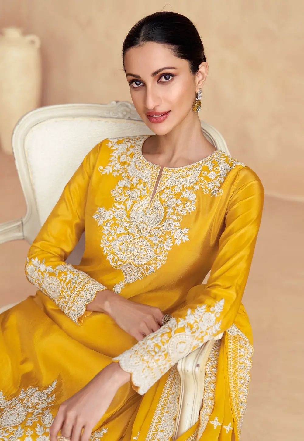 Yellow Floral Embroidered Sharara Set in Berlin