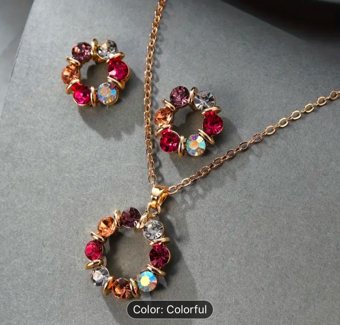 Women's Gold Plated Jewelry Set with Colorful Rhinestones & Hollow Circle Design in Germany