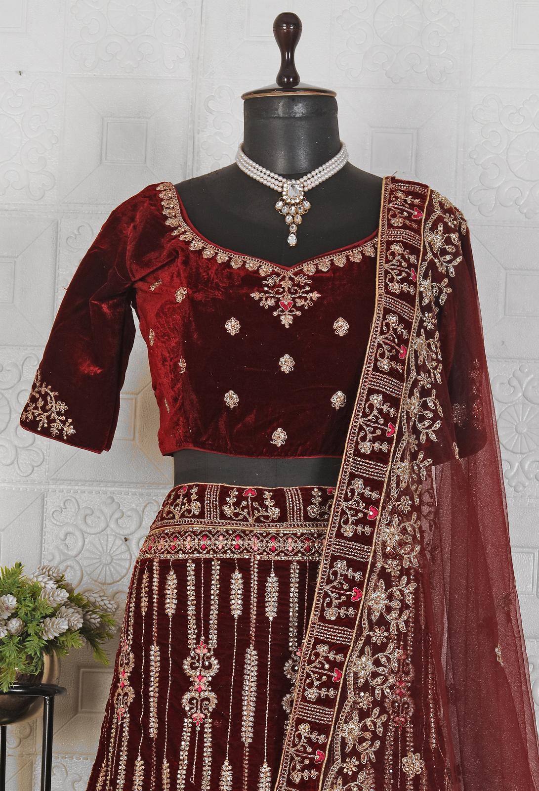 Amazing Maroon Velvet Bridal Lehenga Choli With Dupatta in Berlin