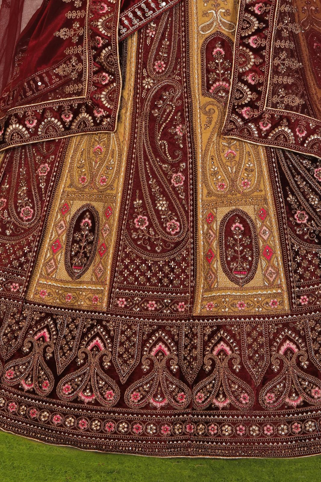 Maroon Multi-Work Velvet Bridal Lehenga Choli in Germany