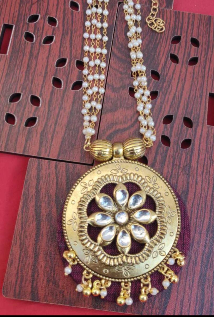 Floral Design Handmade Fabric Stone Work Round Pendant with Pearl Chain in Berlin
