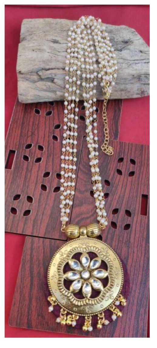 Floral Design Handmade Fabric Stone Work Round Pendant with Pearl Chain in Berlin