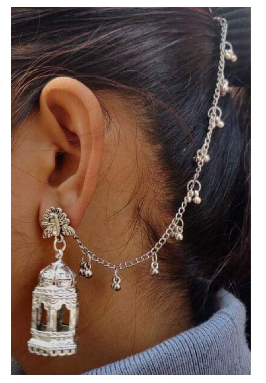 German Silver Single Line Ghunghru Earchain Stud Jhumki in Munich