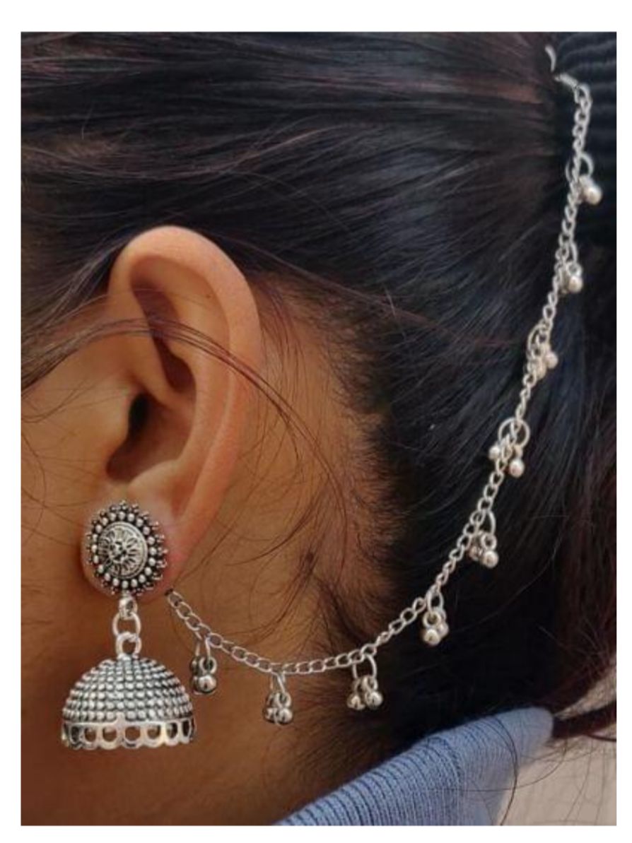 German Silver Single Line Ghunghru Earchain Stud Jhumki in Munich