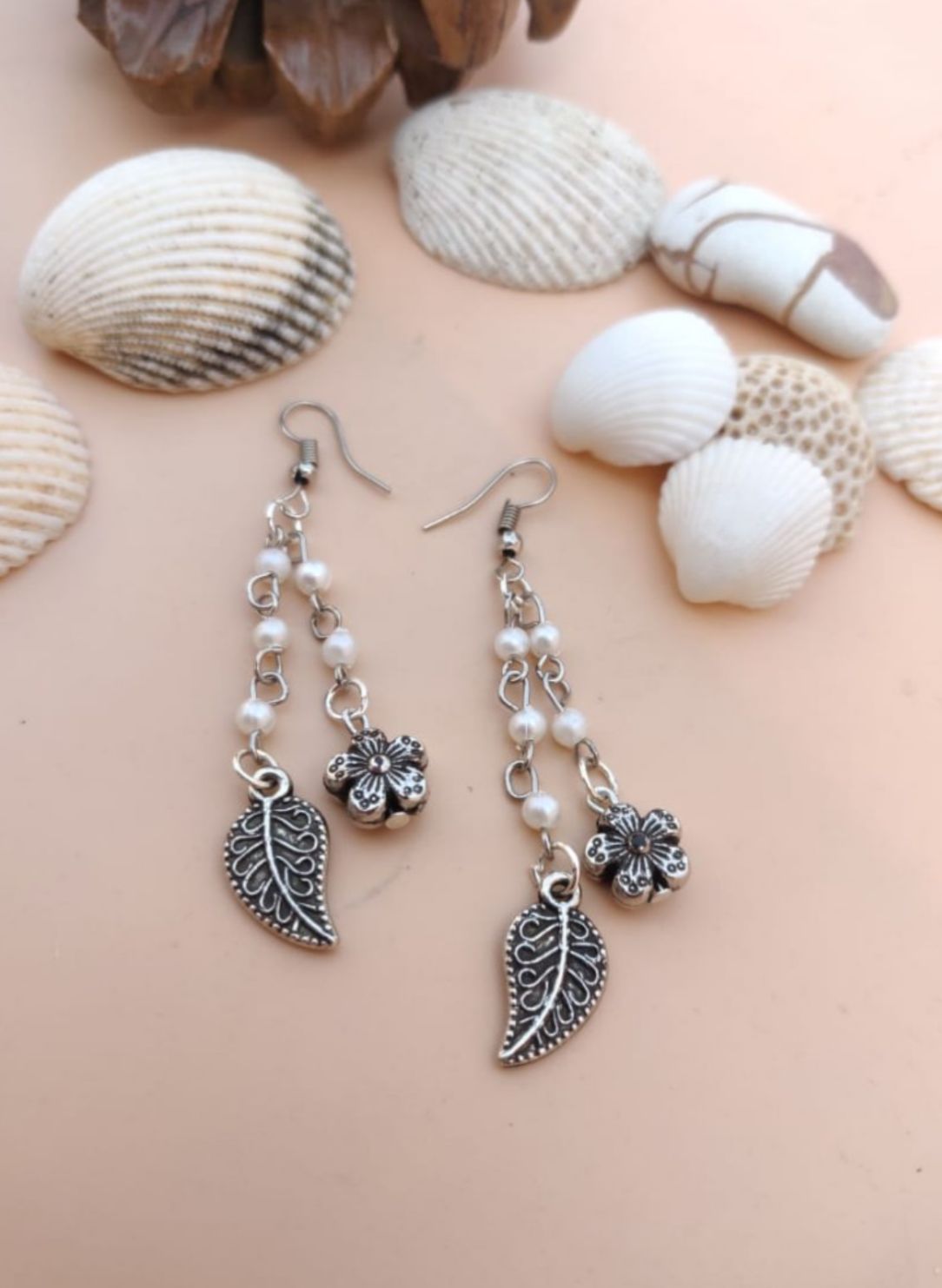 Two Layer Pearl Chain with Flower and Leaf Dangler Earrings in Germany
