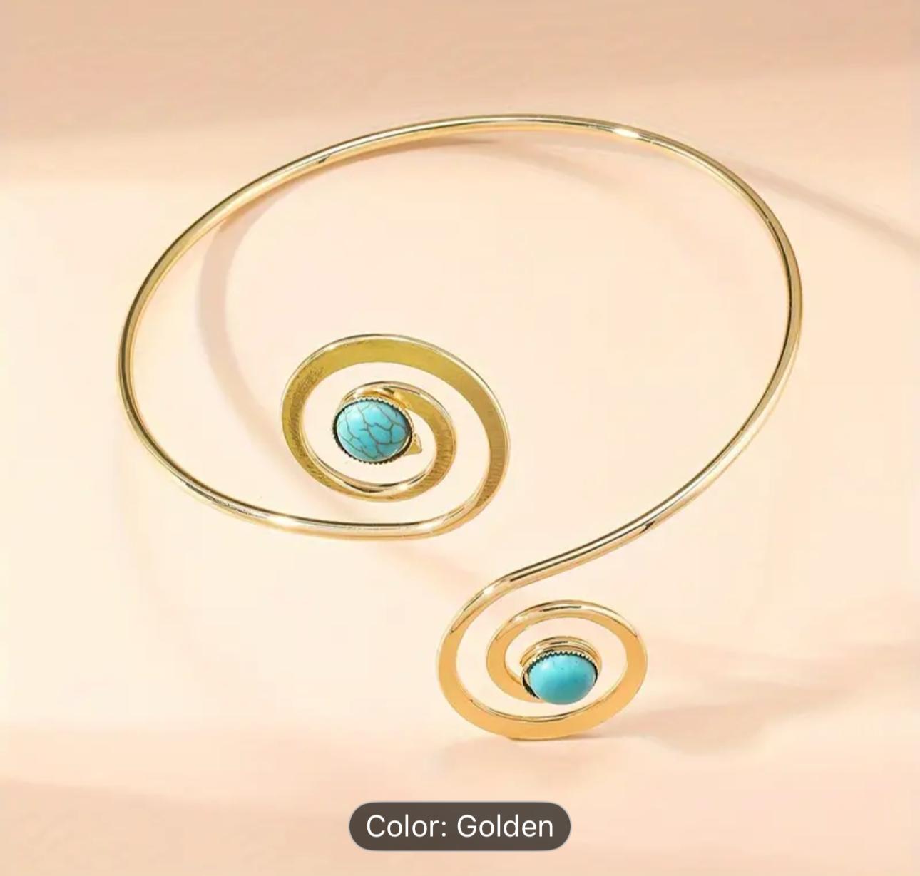 Bohemian Vintage Turquoise &amp; Golden Spiral Open Cuff Arm Bracelet in Munich