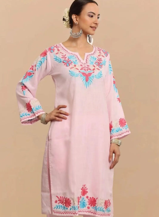 Floral Embroidered Thread Work Falak Kashmiri Straight Kurta embroidery and fabric detail - Neha Couture Indian Fashion