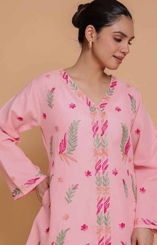Floral Embroidered Pastels Cotton A-line Kurta in Germany